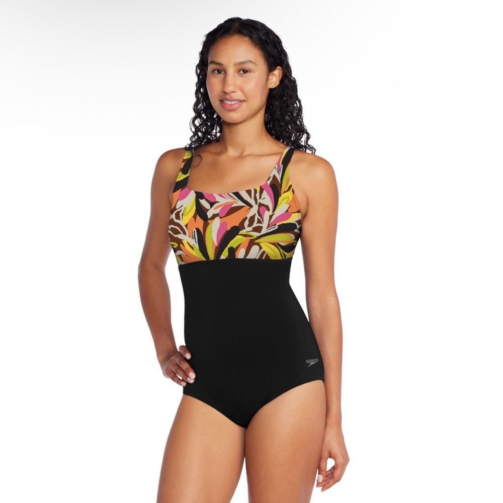 Speedo Women's Print Blocked Square Neck One Piece Black Fandango Pink 8 NWT